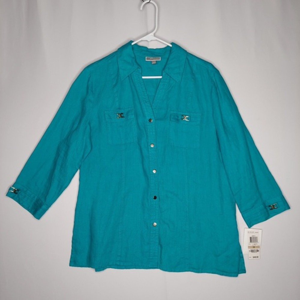 JM Collection Linen Gold Button Collar Top Women 12 Turquoise 3/4 Coastal Beachy